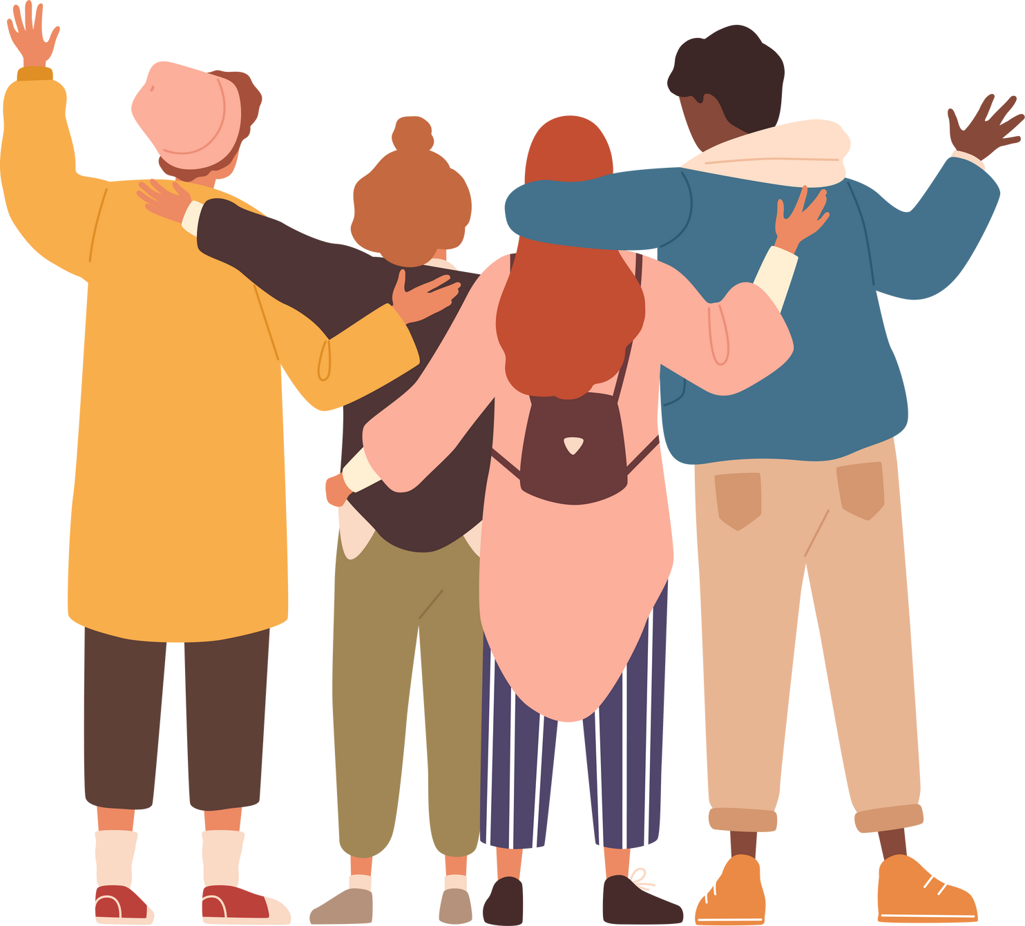 Group of young people hugging and waving hands. Students or team standing together. Friends support and unity concept. Flat vector cartoon isolated illustration on white background